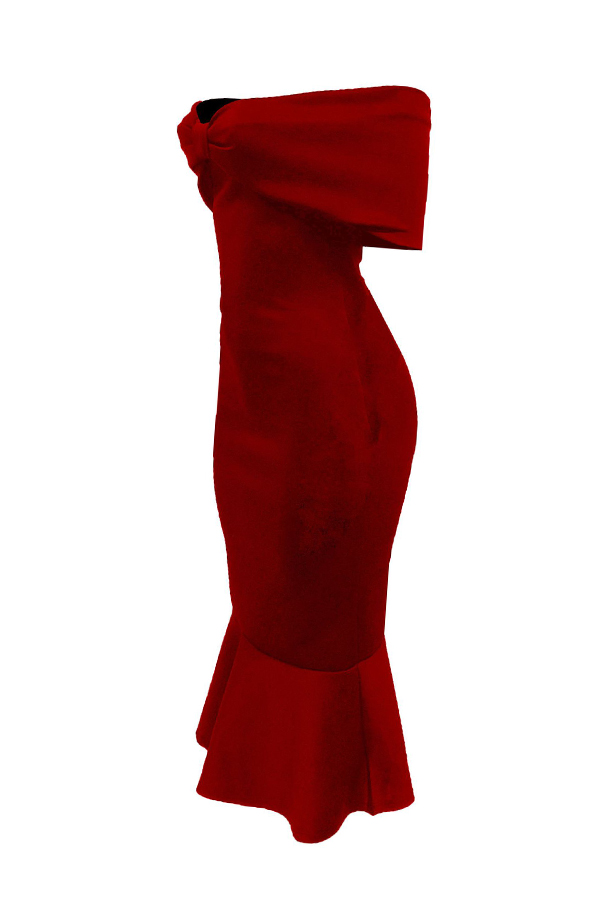  Fashion Bateau Neck Falbala Design Red Polyester Mid Calf Dress