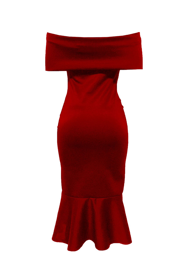  Fashion Bateau Neck Falbala Design Red Polyester Mid Calf Dress