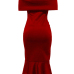  Fashion Bateau Neck Falbala Design Red Polyester Mid Calf Dress