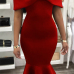  Fashion Bateau Neck Falbala Design Red Polyester Mid Calf Dress