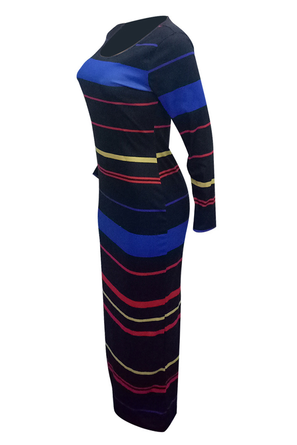  Fashion Round Neck Stripe Printed Black Polyester Ankle Length Dress