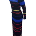  Fashion Round Neck Stripe Printed Black Polyester Ankle Length Dress