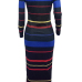  Fashion Round Neck Stripe Printed Black Polyester Ankle Length Dress