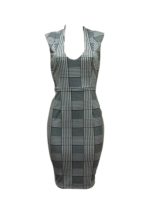  Fashion U Neck Houndstooth Design Black Polyester Knee Length Dress(Without Belt)