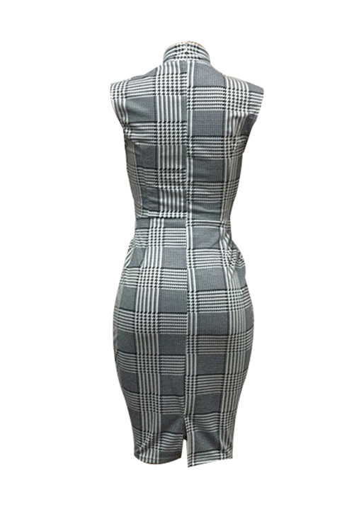  Fashion U Neck Houndstooth Design Black Polyester Knee Length Dress(Without Belt)