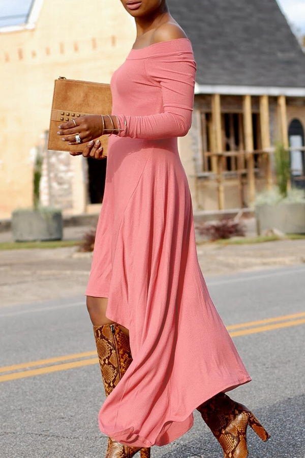  Fashionable Bateau Neck Dew Shoulder Pink Cotton Ankle Length Dress