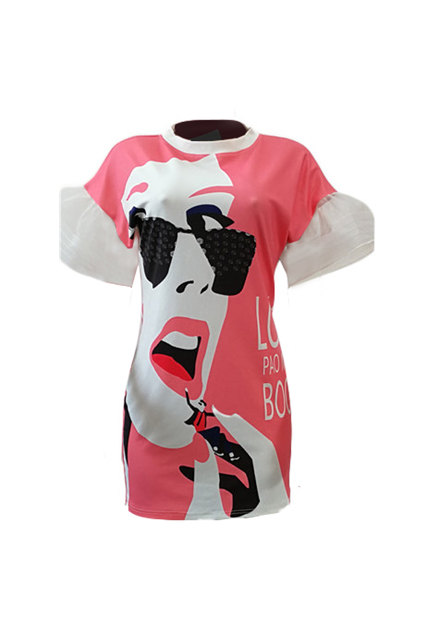  Fashionable Round Neck Printed Pink Polyester Mini Dress