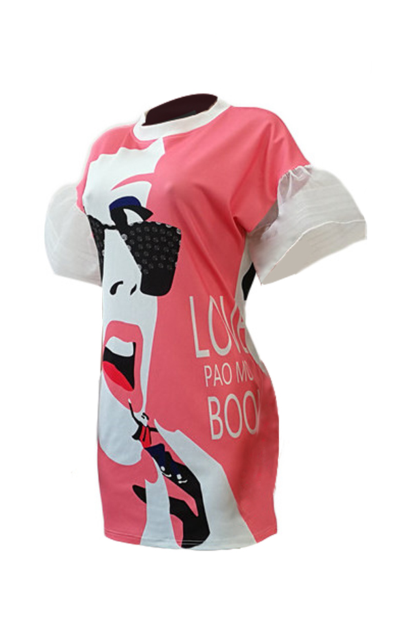  Fashionable Round Neck Printed Pink Polyester Mini Dress