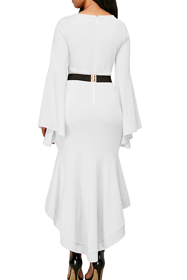  Fashionable Round Neck Trumpet Sleeves White Polyester Mermaid Dress(With Belt)