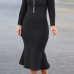  Fashionable Turtleneck Lotus Leaf Hem Black Blending Mid Calf Dress