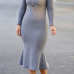  Fashionable Turtleneck Lotus Leaf Hem Grey Blending Mid Calf Dress