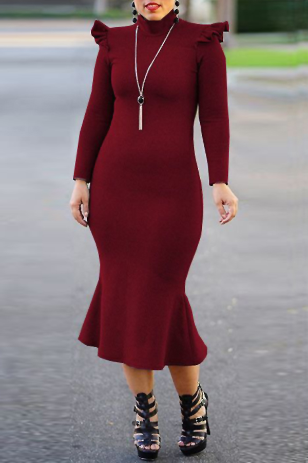  Fashionable Turtleneck Lotus Leaf Hem Wine Red Blending Mid Calf Dress