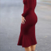  Fashionable Turtleneck Lotus Leaf Hem Wine Red Blending Mid Calf Dress