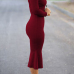  Fashionable Turtleneck Lotus Leaf Hem Wine Red Blending Mid Calf Dress