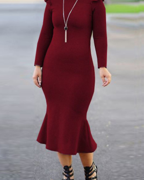  Fashionable Turtleneck Lotus Leaf Hem Wine Red Blending Mid Calf Dress