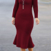  Fashionable Turtleneck Lotus Leaf Hem Wine Red Blending Mid Calf Dress