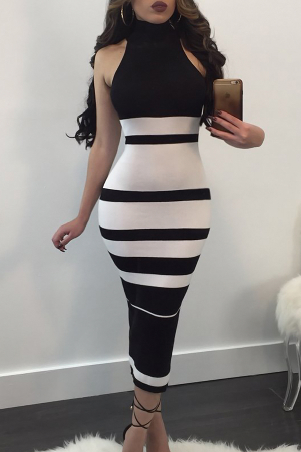  Fashionable Turtleneck Striped Patchwork  Polyester Mid Calf Dress