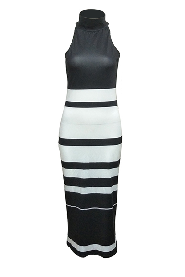  Fashionable Turtleneck Striped Patchwork  Polyester Mid Calf Dress