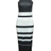  Fashionable Turtleneck Striped Patchwork  Polyester Mid Calf Dress