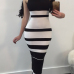  Fashionable Turtleneck Striped Patchwork  Polyester Mid Calf Dress