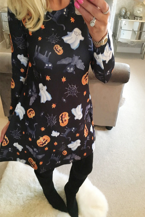  Find Halloween Printing Black Mini Dress(Non Positioning Printing)