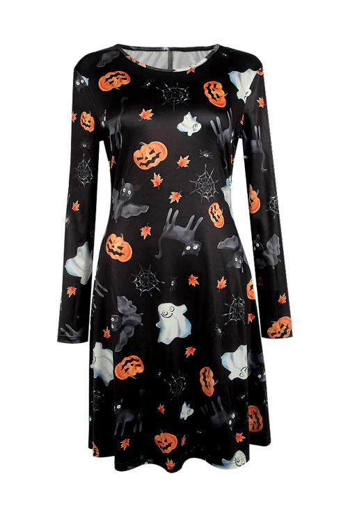  Find Halloween Printing Black Mini Dress(Non Positioning Printing)