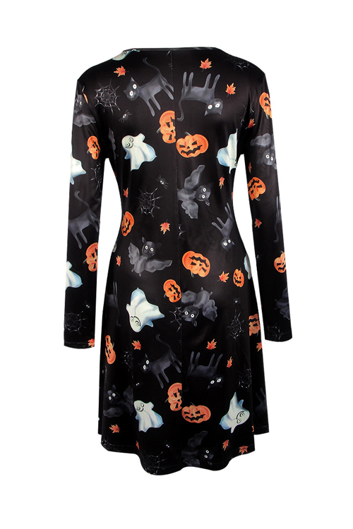  Find Halloween Printing Black Mini Dress(Non Positioning Printing)