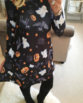  Find Halloween Printing Black Mini Dress(Non Positioning Printing)