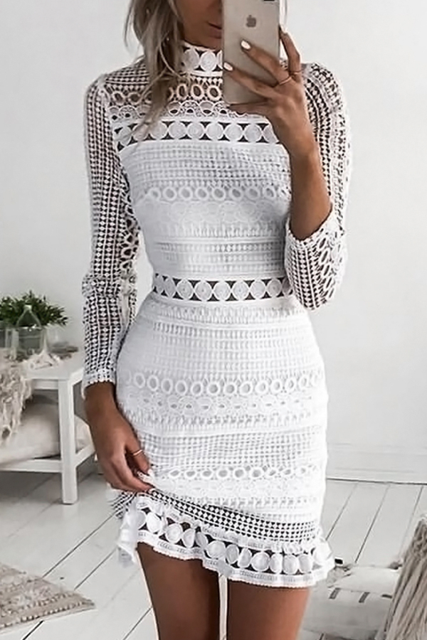  Lace Casual O neck Cap Sleeve Long Sleeve Sheath Mini Dresses