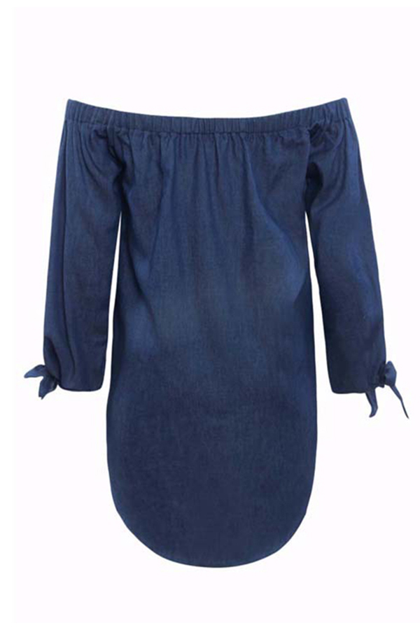  Leisure Bateau Neck Knot Design Deep Blue Denim Mini Dress