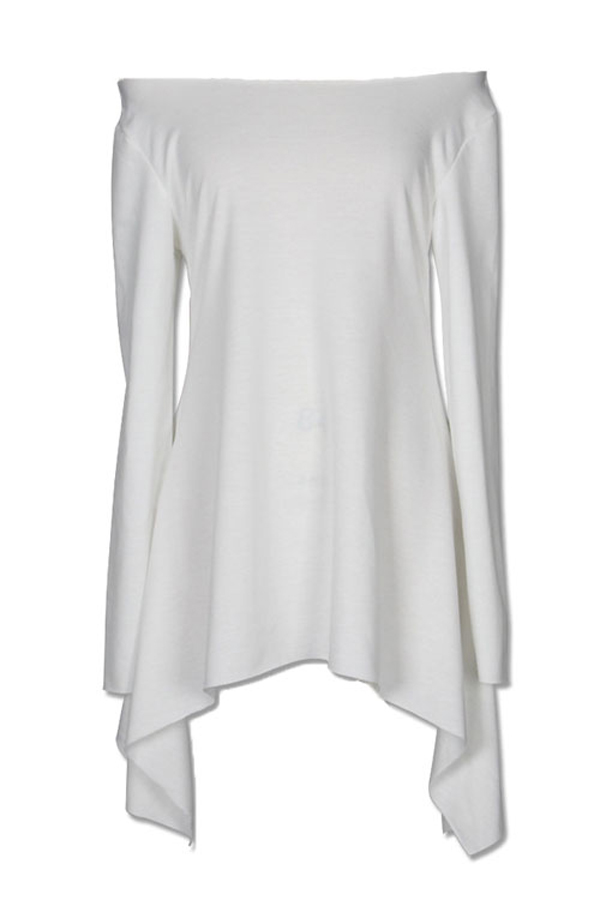  Leisure Dew Shoulder Asymmetrical White Polyester Mid Calf Dress