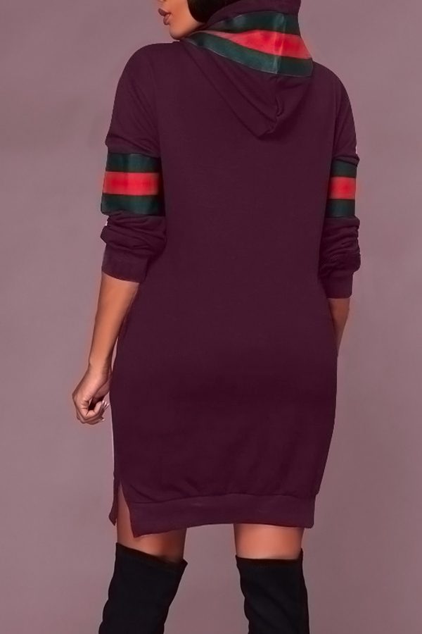  Leisure Hooded Collar Patchwork Purple Polyester Mini Dress