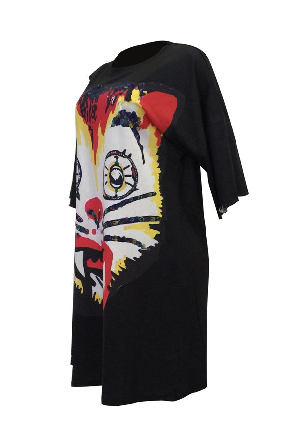  Leisure Printed Broken Holes Black Polyester Knee Length Dress