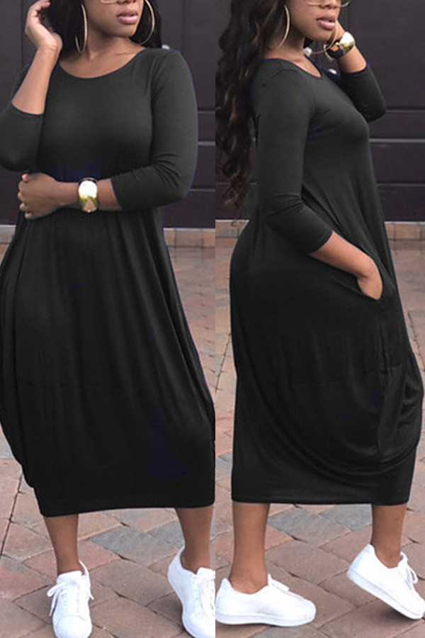  Leisure Round Neck Black Polyester Mid Calf Dress