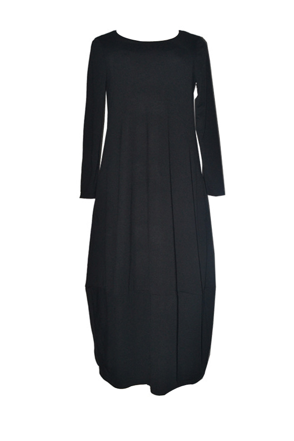  Leisure Round Neck Black Polyester Mid Calf Dress