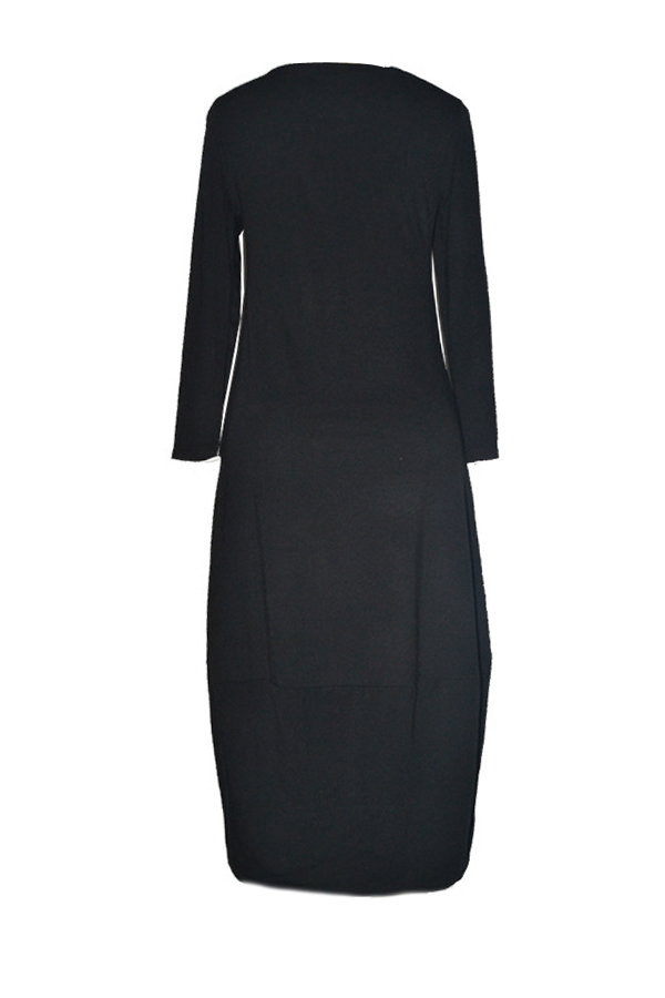  Leisure Round Neck Black Polyester Mid Calf Dress