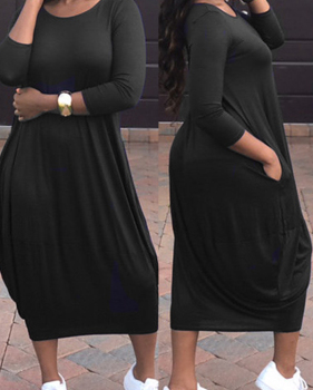  Leisure Round Neck Black Polyester Mid Calf Dress