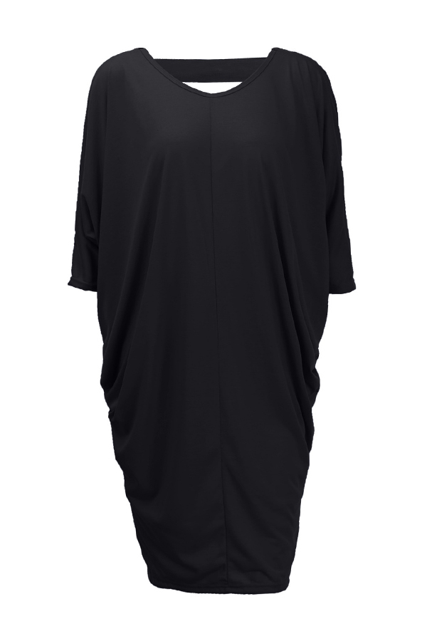  Leisure Round Neck Hollow-out Black Polyester Knee Length Dress