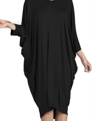  Leisure Round Neck Hollow-out Black Polyester Knee Length Dress