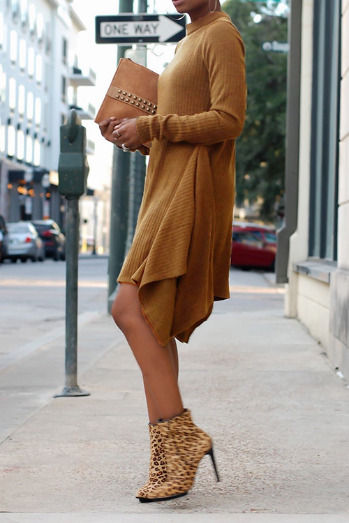  Leisure Round Neck Irregular Hem Brown Polyester Knee Length Dress