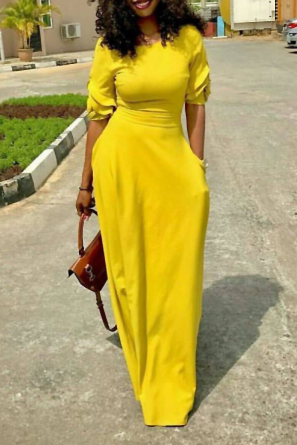  Leisure Round Neck Pocket Design Yellow Polyester Floor Length Dress