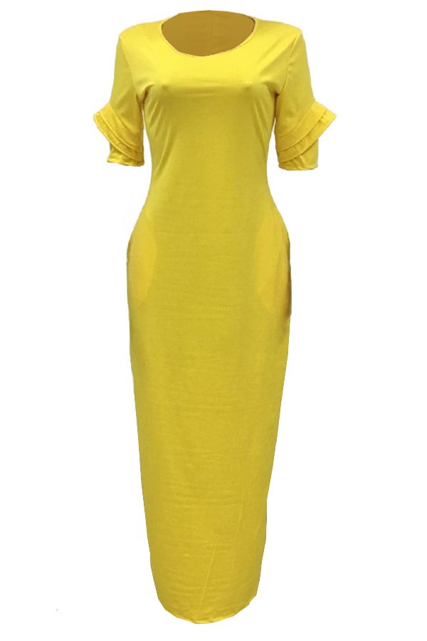  Leisure Round Neck Pocket Design Yellow Polyester Floor Length Dress