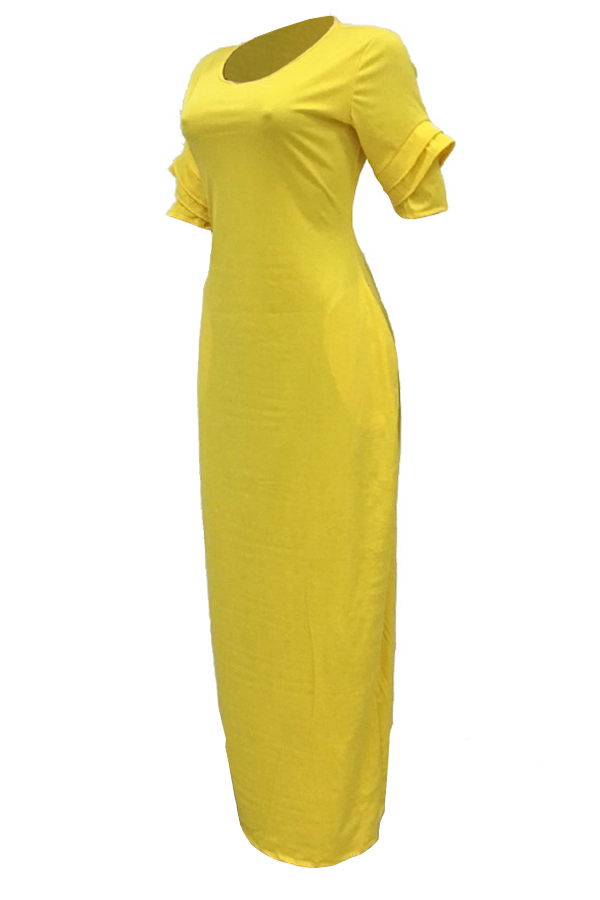  Leisure Round Neck Pocket Design Yellow Polyester Floor Length Dress