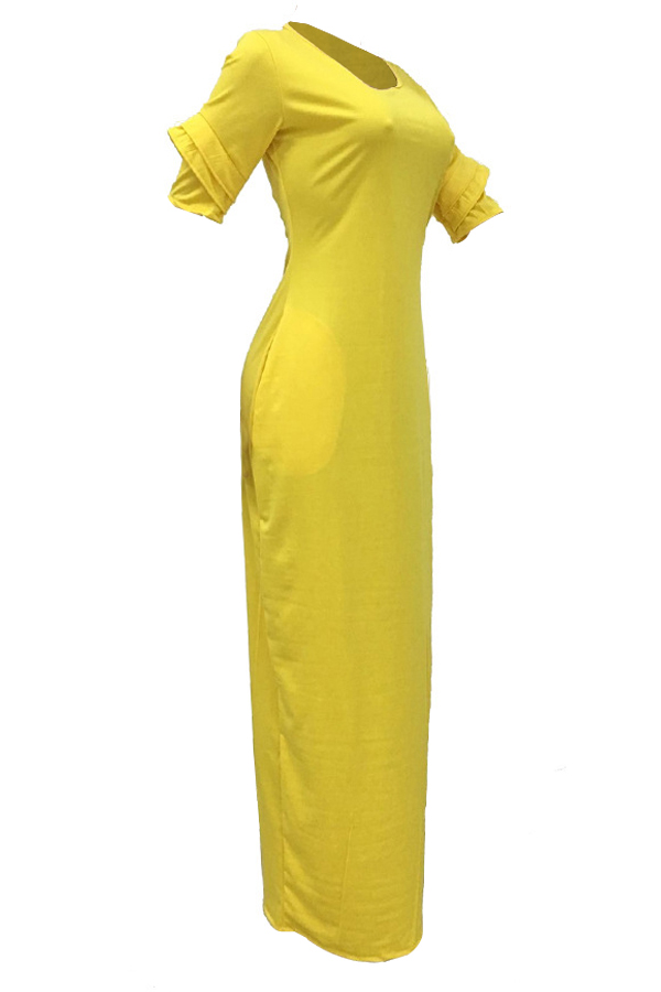  Leisure Round Neck Pocket Design Yellow Polyester Floor Length Dress