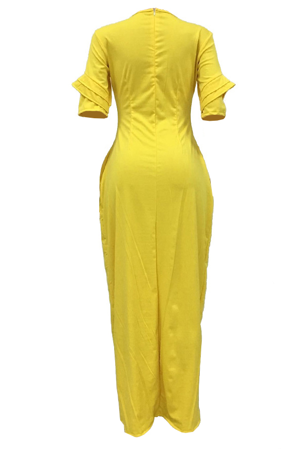  Leisure Round Neck Pocket Design Yellow Polyester Floor Length Dress