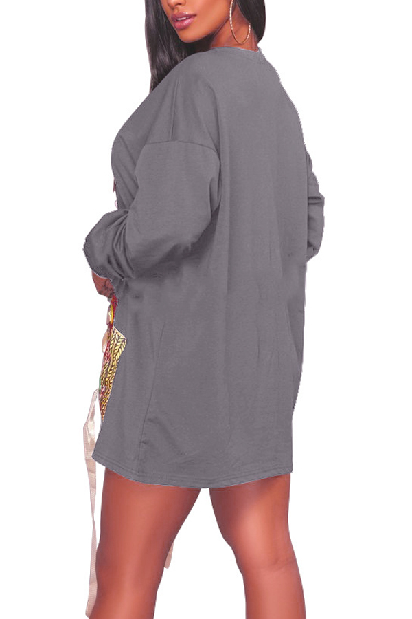  Leisure Round Neck Printed Grey Cotton Mini Dress