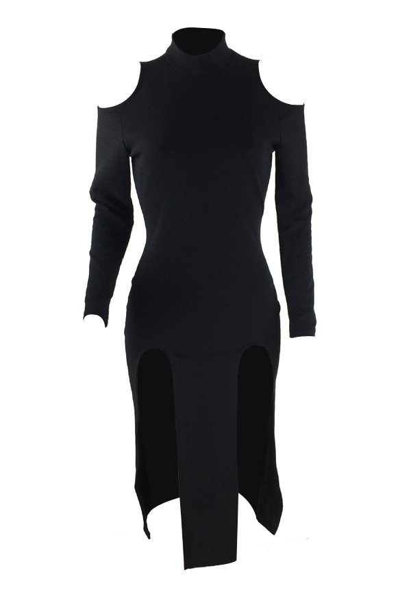  Polyester Sexy Mandarin Collar Cap Sleeve Long Sleeve Waist skirt Mid Calf Dresses