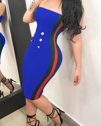  Sexy Bateau Neck Button Decorative Striped Blue Polyester Knee Length Dress