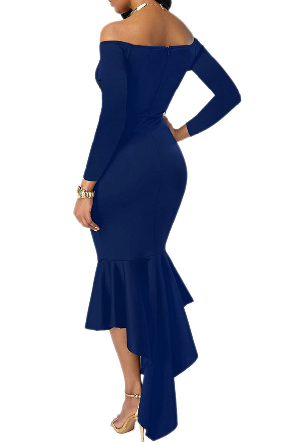  Sexy Bateau Neck Dovetail Shape Design Blue Polyester Ankle Length Dress