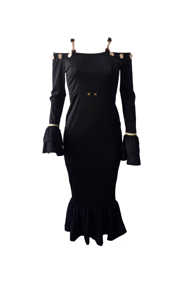  Sexy Bateau Neck Falbala Design Black Velvet Ankle Length Dress  